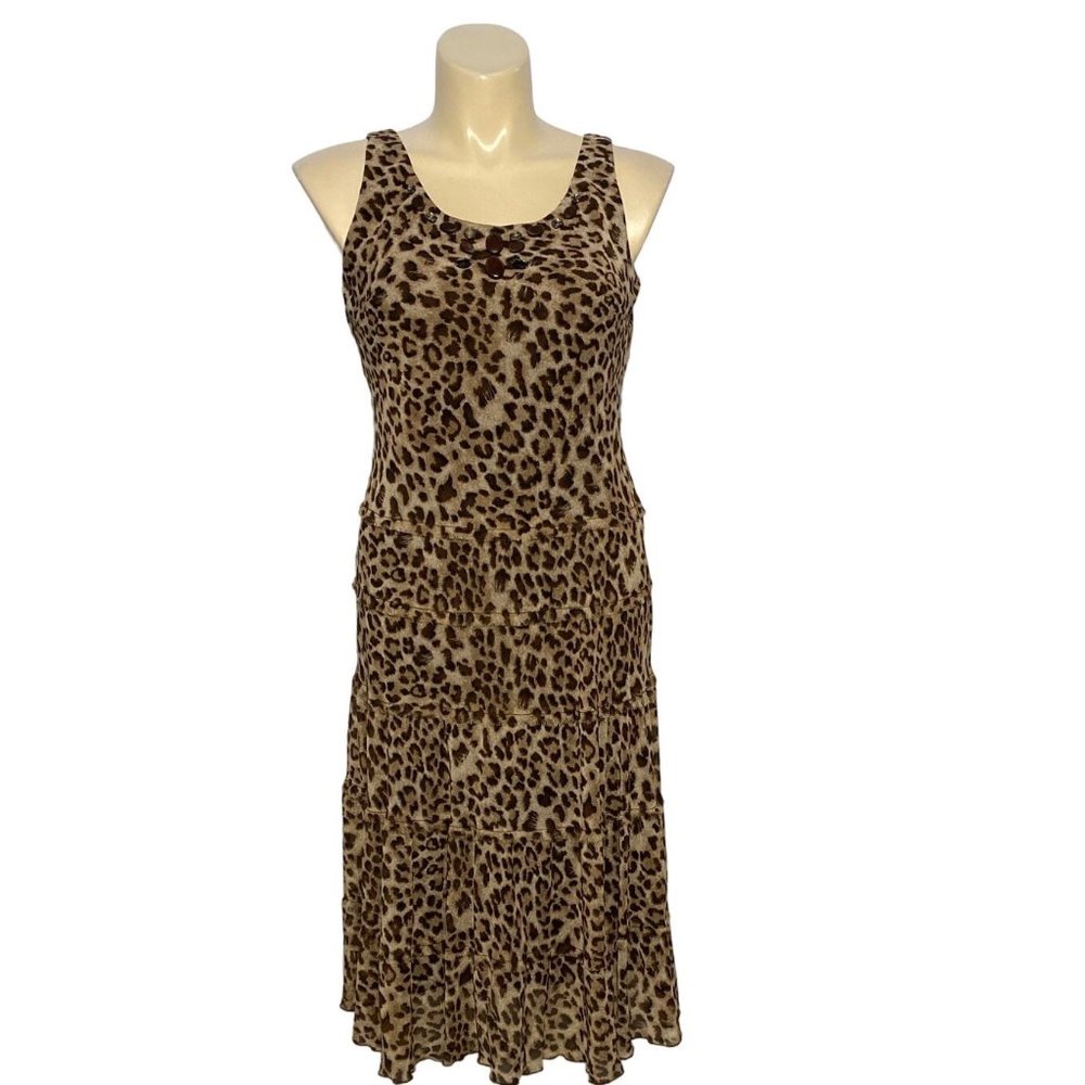 Jessica Howard 14P Dress Leopard Animal Print Chiffon Tier Midi Brown Black